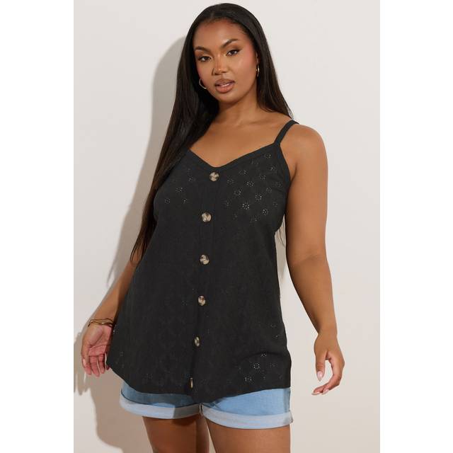 Yours Curve Black Broderie Anglaise Button Vest Top, Women's Curve & Plus Size, Yours - 20