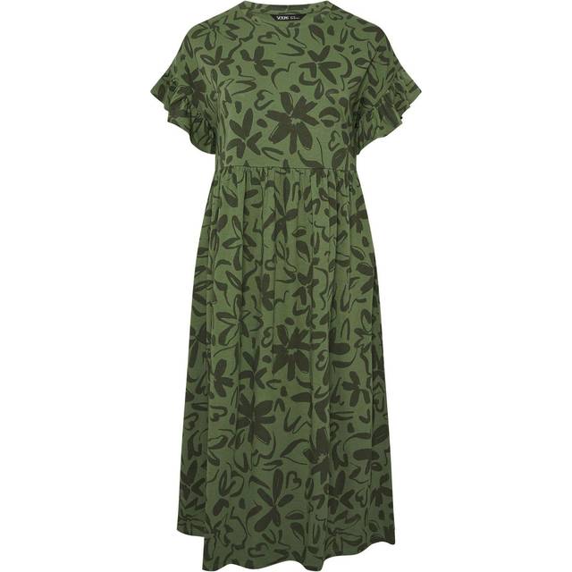 Yours Curve Khaki Green Floral Frill Cotton Midaxi Dress, Women's Curve & Plus Size, Yours - 16