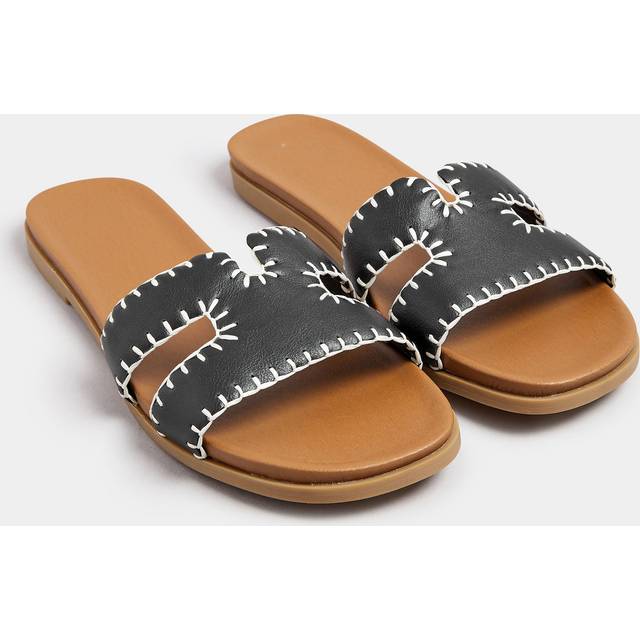 Black Faux Leather Stitched Mule Sandals In Extra Wide eee Fit - 9EEE