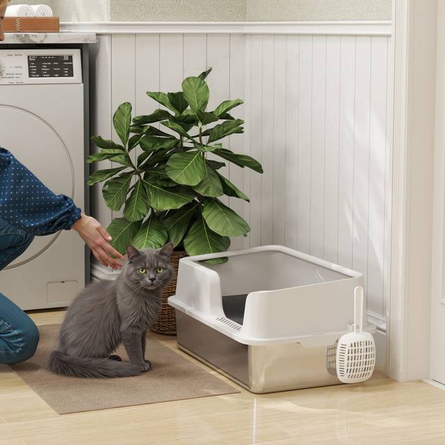 PawHut Stainless Steel Litter Box, High Sided Metal Cat Litter Tray w/ Scoop, Grey
