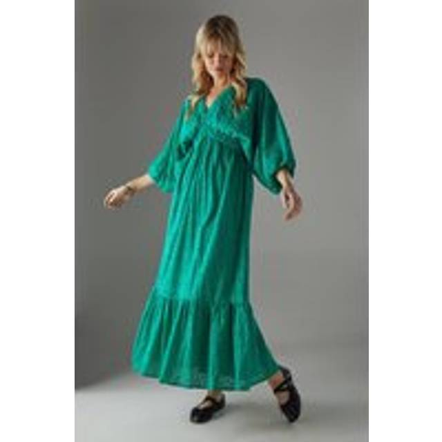 Womens Broderie Plunge Neck Volume Sleeve Smock Midi Dress - bright green - Bright Green - 12