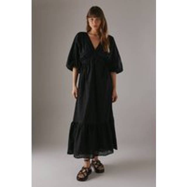 Womens Broderie Plunge Neck Volume Sleeve Smock Midi Dress - black - Black - 12