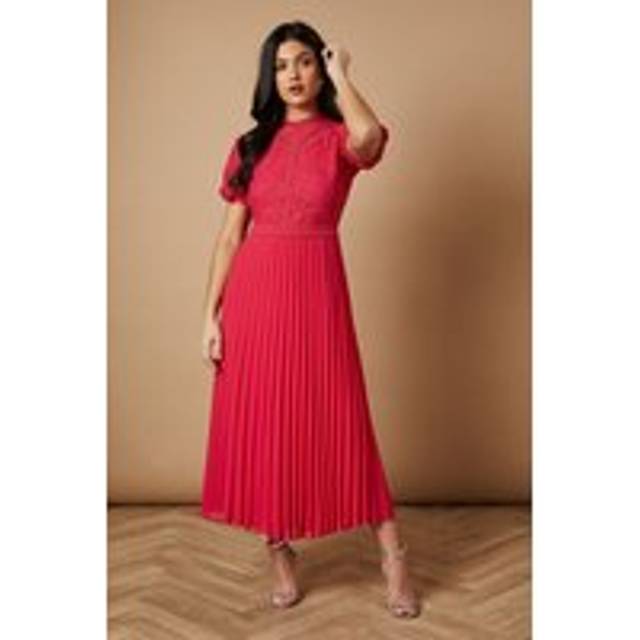 Lace Puff Sleeve Pleated Midi Dress - Hot Pink - 12,6,10,16,14,8