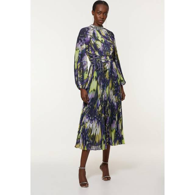 Crystal Embellished Crinkle Feather Printed Woven Maxi Dress