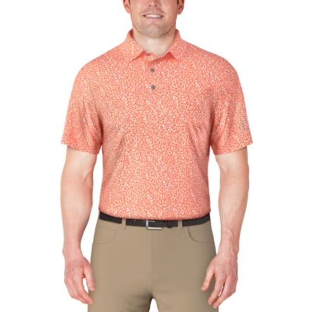 PGA TOUR Men's Abstract Golf Flag Print Golf Polo Shirt, Size 2XL, Living Coral Orange, Polyester/Elastane | Golf Apparel Shop (2XL)