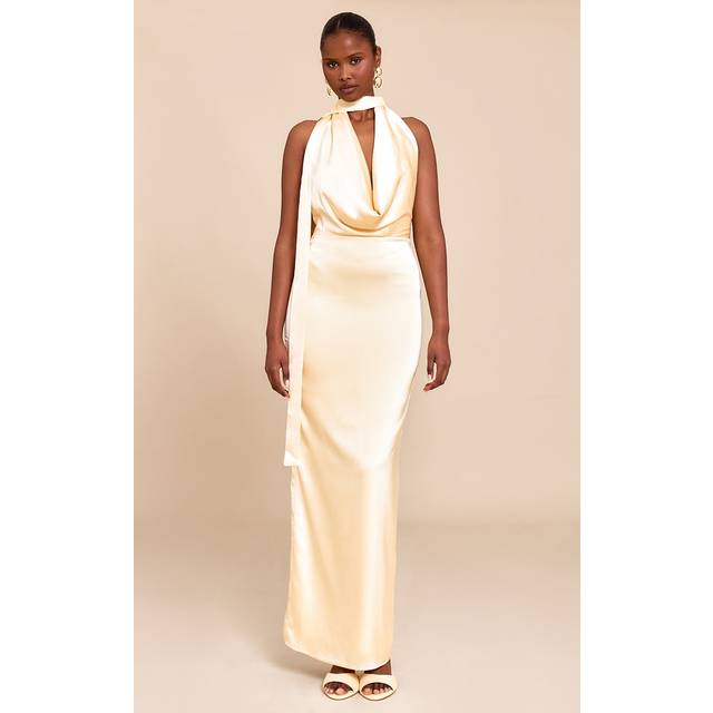 Butter Yellow Satin Cowl Neck Drape Maxi Dress, Butter Yellow - 4