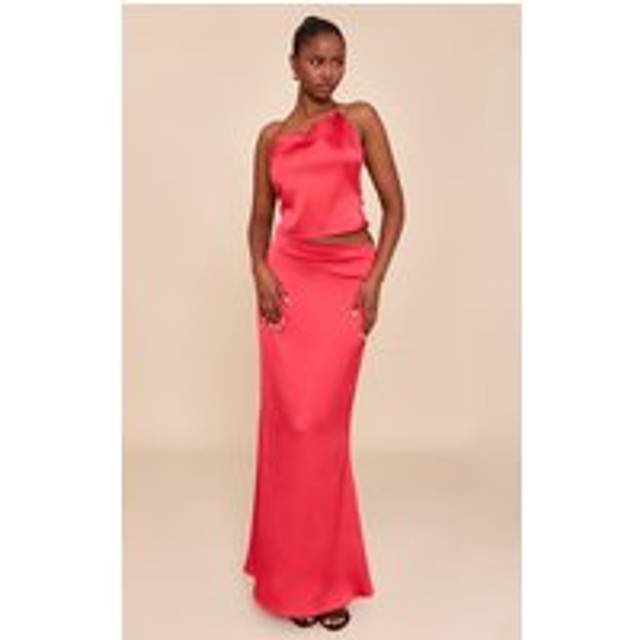 Tomato Red Satin Mid Rise Maxi Skirt, Tomato Red - 16