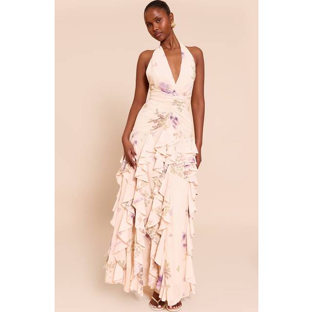 Stone Plunge Ruched Frill Detail Maxi Dress, White - 12