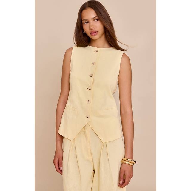 Butter Yellow Linen Look Tailored Waistcoat, Butter Yellow - 10