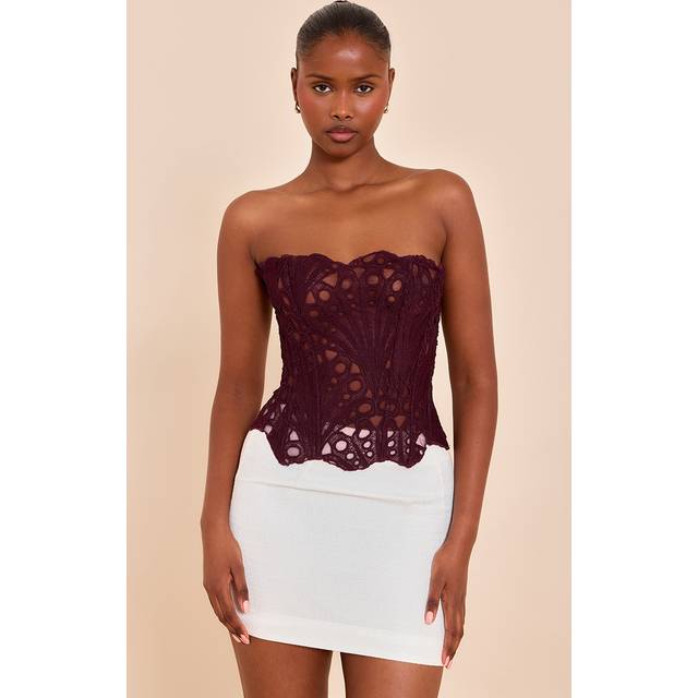 Dark Plum Textured Sheer Floral Lace Corset, Dark Plum - 10