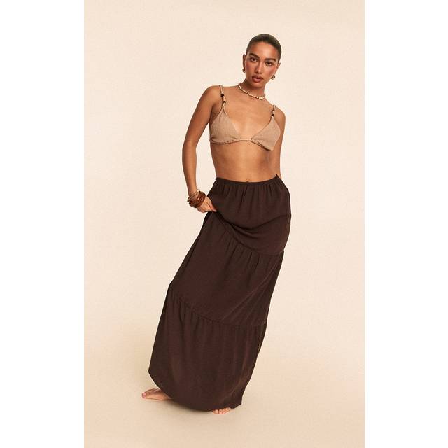 Chocolate Linen Look Tiered Maxi Beach Skirt, Chocolate - XS