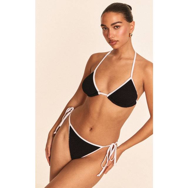 Black Crinkle Contrast Binding Triangle Bikini Top, Black - S