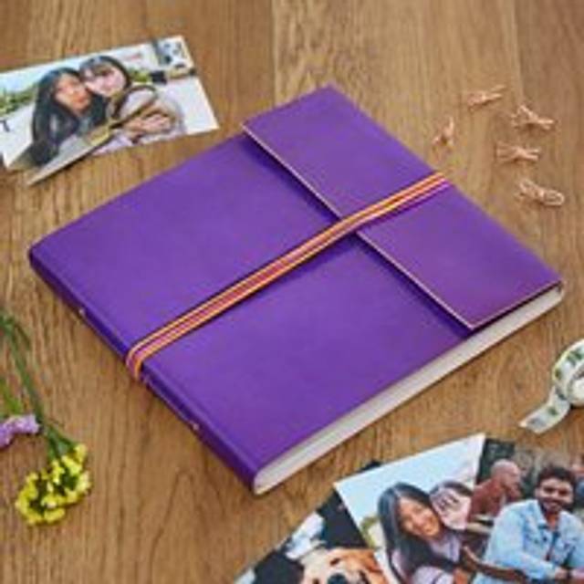 Large Coloured Distressed Leather 3-String Photo Album - Purple - One Size