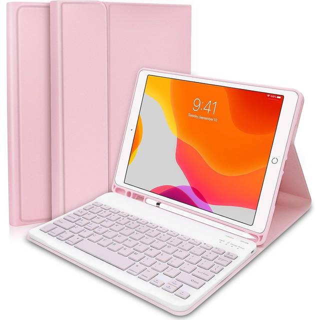 Tangentbordsfodral för iPad 10.2 9th Generation 2021/8th Gen 2020/7th Gen 2019/Air 3rd 2019/iPad Pro 10.5 2017 – smalt skyddsfodral med Apple-pennhållare trådlöst avtagbart tangentbord (rosa)