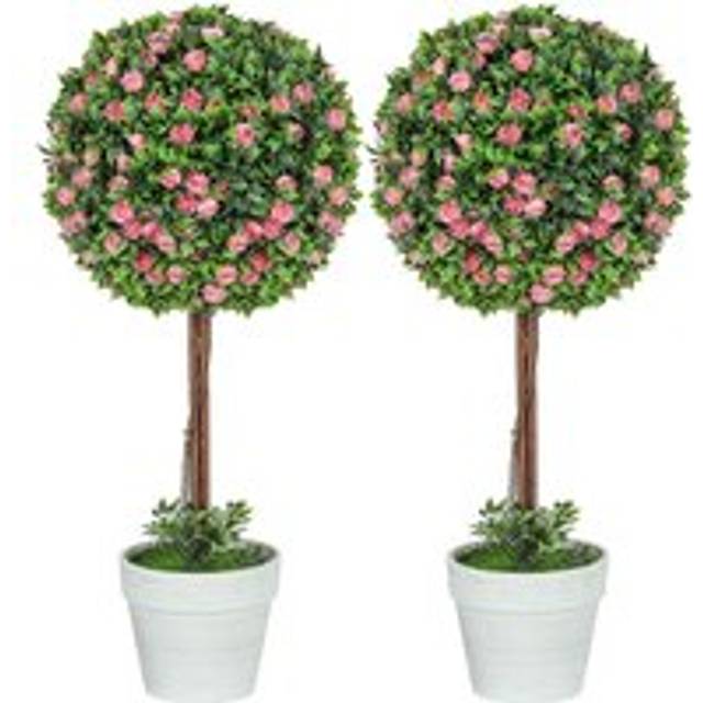 HOMCOM Set of 2 Artificial Plants with Rose Flower in Pot - 60cm - Pink | TJ Hughes White