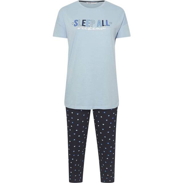 Yours Curve Blue 'Sleep All Weekend' Wide Leg Pyjama Set - 22-24