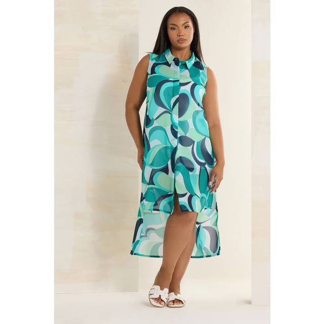 Yours Curve Blue Abstract Print Longline Sheer Sleeveless Shirt, Women's Curve & Plus Size, Yours - 16