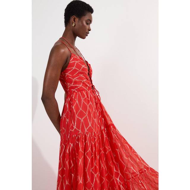 Viscose Sparkle Tie Detail Tiered Skirt Woven Maxi Dress - Orange