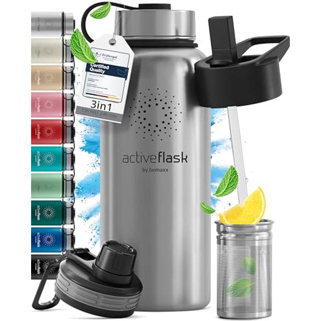Stainless Steel Water Bottle + Straw (3 Lids) - Leak-Proof & BPA-free | Vacuum Insulated ACTIVE FLASK Drinking Bottles - 24h Cold / 12h Hot, 1l/500ml