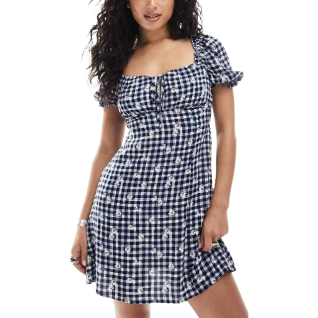 New Look Women's Navy Gingham Floral Embroidered Milkmaid Mini Dress - UK 16