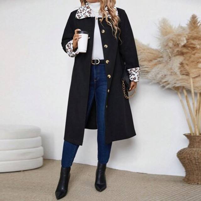 SHEIN Plus Size Autumn/Winter Casual Patchwork Leopard Print Single Breasted Overcoat