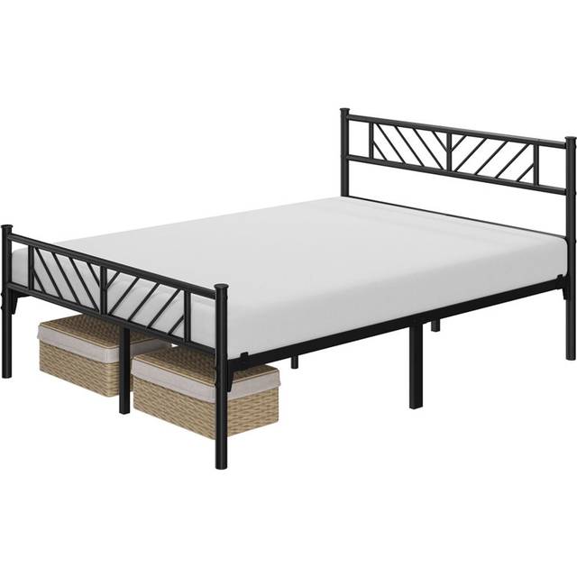 Minimalist Metal Slatted Bed Platform with Arrow Design Headboard - Black (Double (4&#39;6))