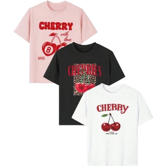 SHEIN 3pcs/Set Tween Girl Casual Leopard & Cherry Print Round Neck Short Sleeve T-Shirt,Summer Student Clothing - Colorful T-Shirts Bring Joy And Happiness