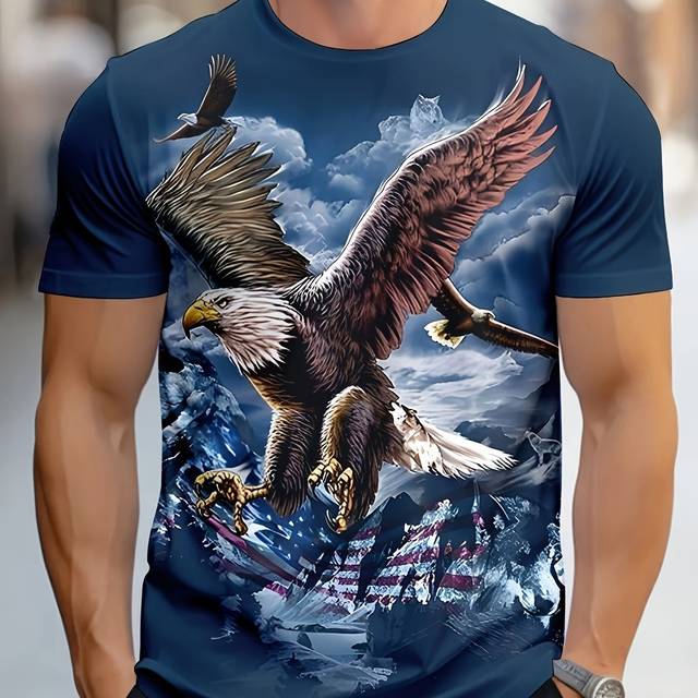TEMU Men's Eagle 3d Graphic T-shirt With American Flag & City Design - Lightweight Breathable Soft Fabric, Casual Short Sleeve Round Neck Tee For Casual Attire,