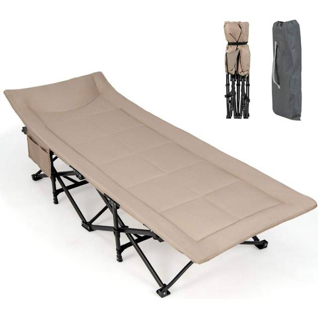 Fällbar campingsäng med sidficka, tältsäng, lastkapacitet upp till 200 kg, gästsäng, khaki