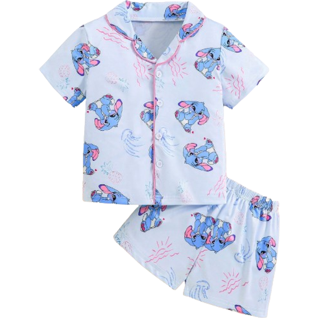 SHEIN 2pcs/Set Young Girl Cute Cartoon Floppy Ear Blue Rabbit Print Short Sleeve T-Shirt And Shorts Casual Homewear Set Young Girls Sweat Sets Kids Clothes