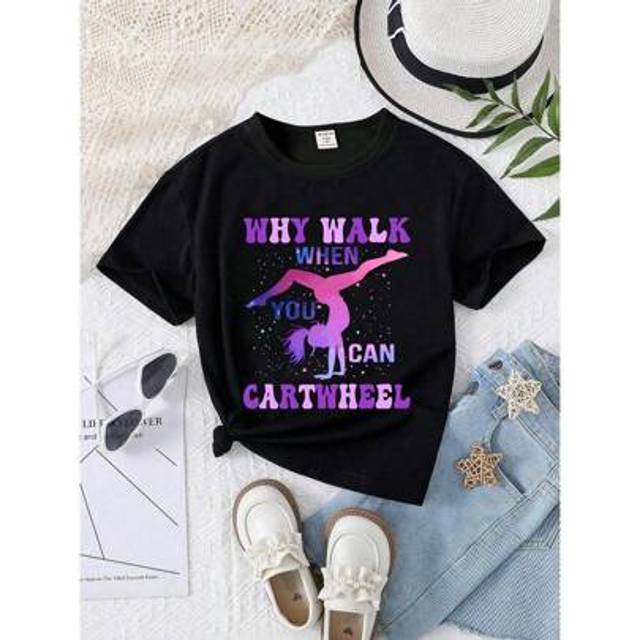SHEIN Young Girl Cute Gradient Color & Text Graphic Casual T-Shirt With Press-On Print