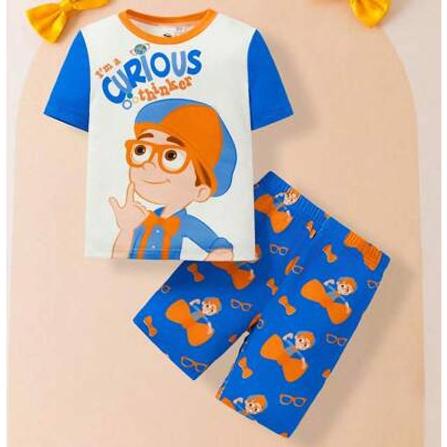 SHEIN Young Boy Cartoon Graphic Colorblock Snug Fit Blue & Orange Top & Shorts Pajama Two Pieces Outfit