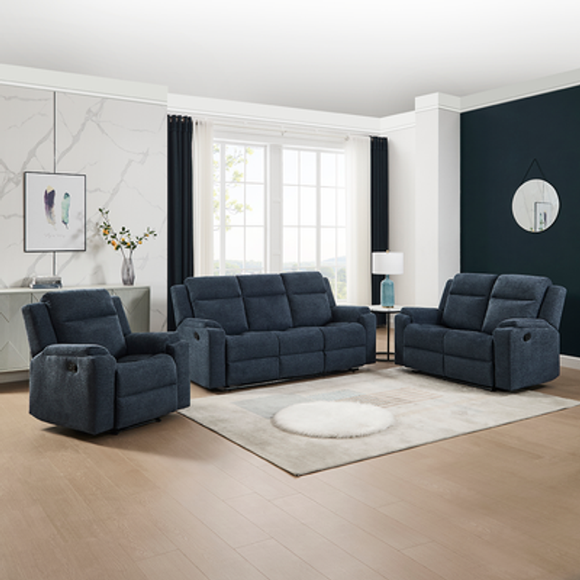 Orka 1+2+3 seater fabric manual recliner sofa set (Blue)