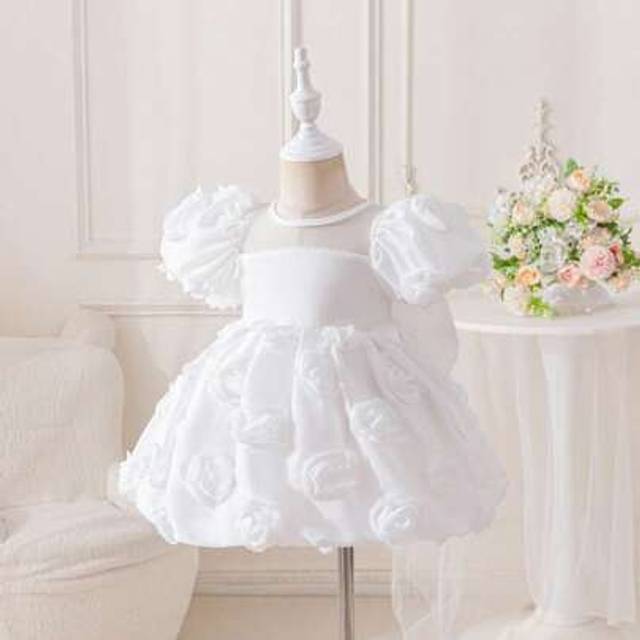 SHEIN Baby Girls&#39; Elegant Birthday Party Holiday Puff Sleeve White 3D Rose Flower One-Year-Old Fashion Chic Big Bow Decor Tulle Princess Dress For Flower Gi
