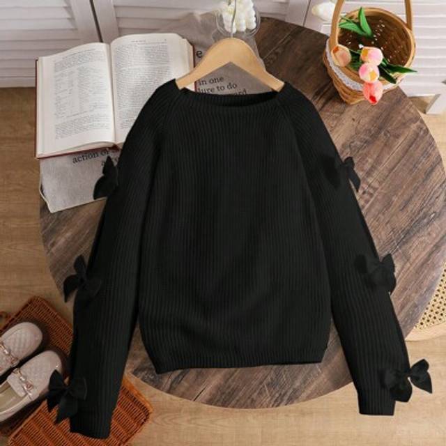 SHEIN Tween Girls Casual Round Neck Long Sleeve Hollow Out Bow Sweater, Autumn/Winter