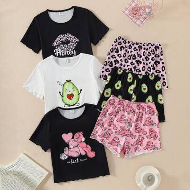 SHEIN 6pcs Girls Leopard Lips, Avocado Print Short Sleeve Top And Shorts Pajama Set, Home Clothing