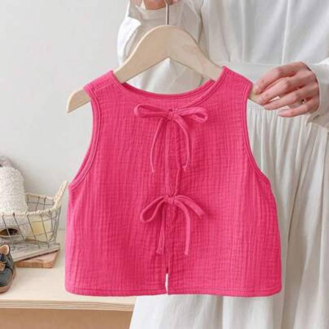 SHEIN Young Girl Casual Bow Details Loose Backless Tie Textured Fabric A-Line Tank Top Spring Summer
