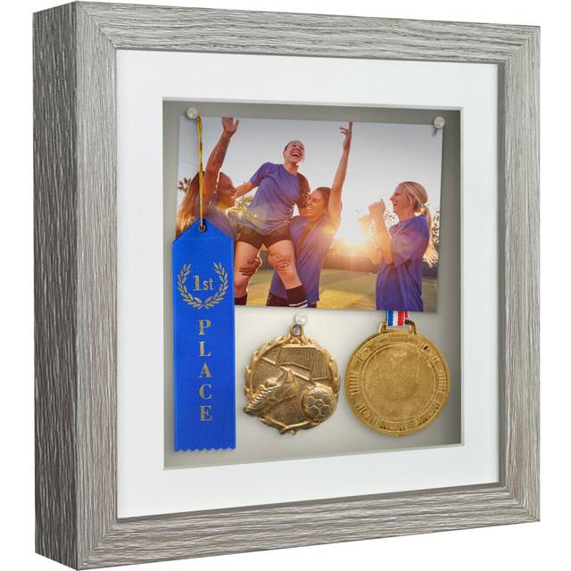 Americanflat 8x8 Shadow Box Frame in Driftwood with 6x6 Mat and Soft Linen Back - Small Shadow Box Frame with Engineered Wood and Shatter-Resistant Gl