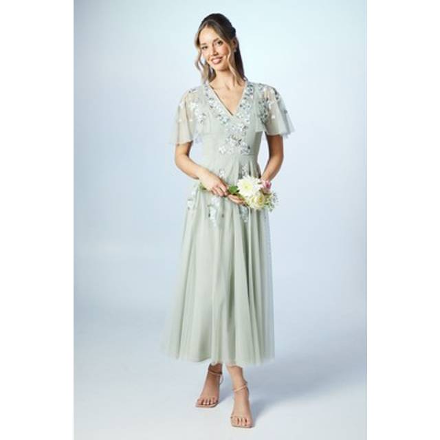Spring Floral Embroidered Mesh Bridesmaids Midi Dress - Sage - 8