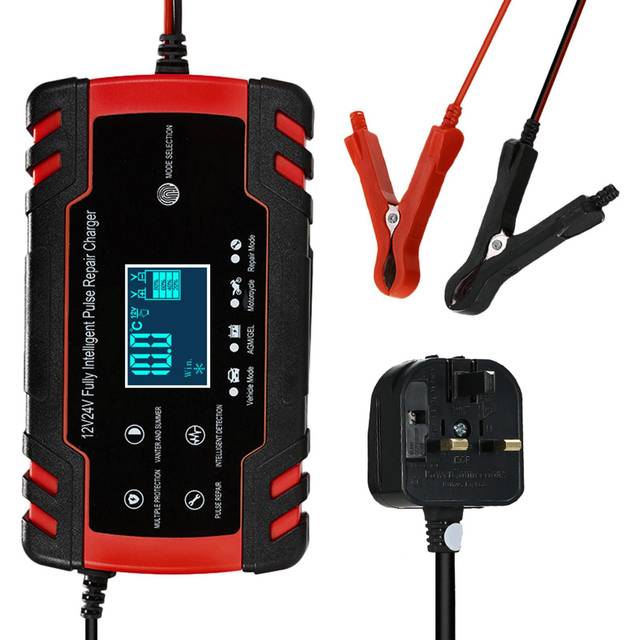 12V 24V Pulse Repairing Charger with LCD Display Motorcycle & Car Battery Charger AGM GEL WET Lead US red