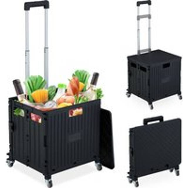 Foldable Shopping Trolley, Collapsible Basket on Wheels, up to 35 kg Capacity, with Telescopic Handle, Black - Relaxdays