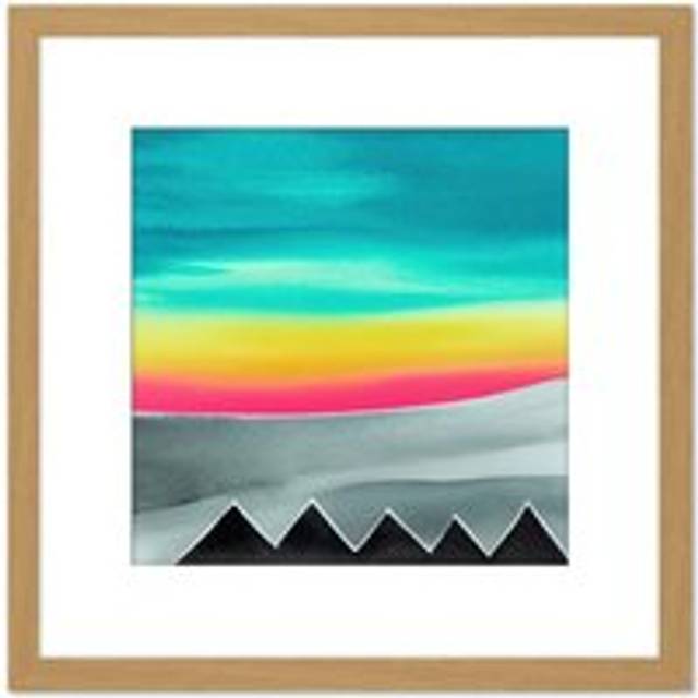 Landscape Dream Northern Lights Sky Mountains Abstract Pastel Watercolour Painting Square Wooden Framed Wall Art Print Picture 8X8 Inch - Tan - One Si - One Size