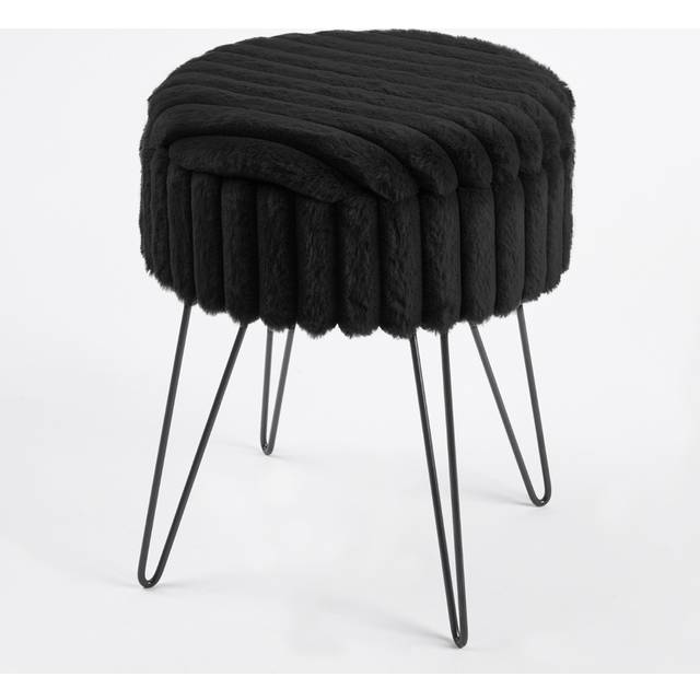 Faux Fur Stool Hairpin Ribbed Fleece Round Vanity Seat Cushioned Foot Rest Chair - Black - One Size