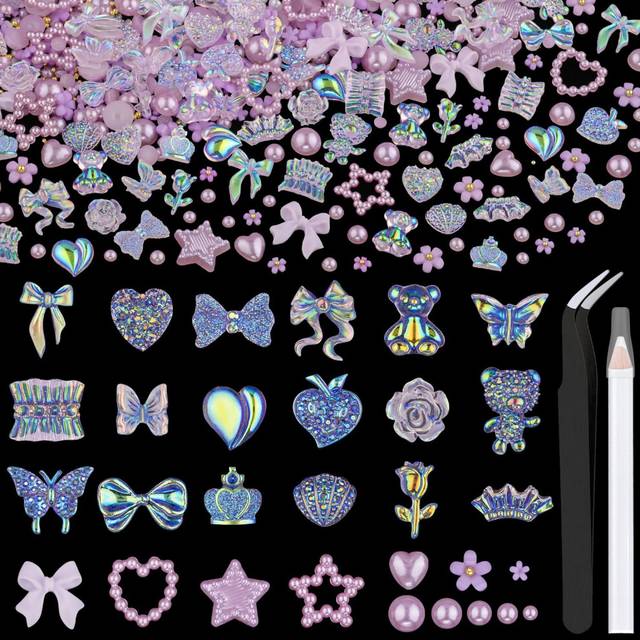 120 PCS 3D Nail Charms Butterfly Bow Star Heart Bear Shiny Jewels with 3D Flowers and Flat Pearls  Over 300 PCS Cute Charms in Total with Pickup Tools