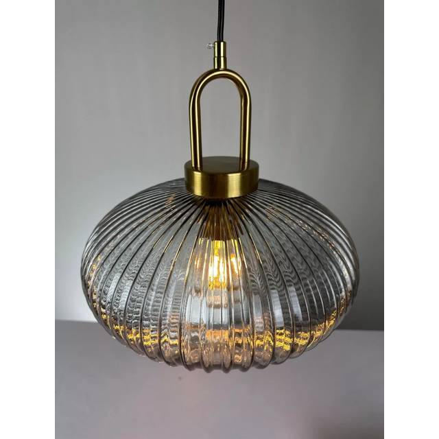 Ribbed Glass Pendant Light-Smokey Grey-Oval Lantern - Clear