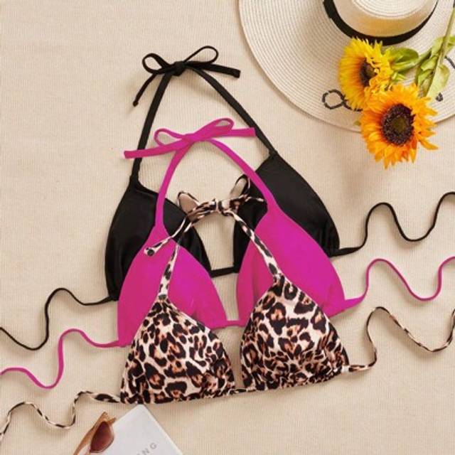 SHEIN 3 Pcs Plus Size Women&#39;s Swimwear Top, Multicolor Leopard Print, Spaghetti Strap, Simple Everyday Bikini Top