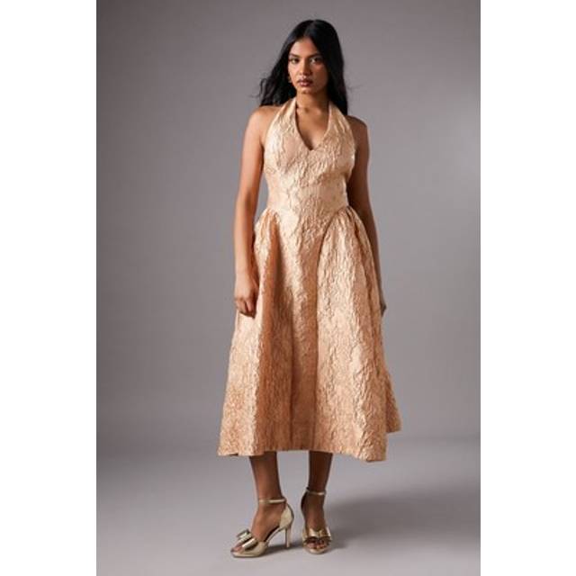 Petite Halter Jacquard Drop Waist Dress - Apricot - Orange - 16