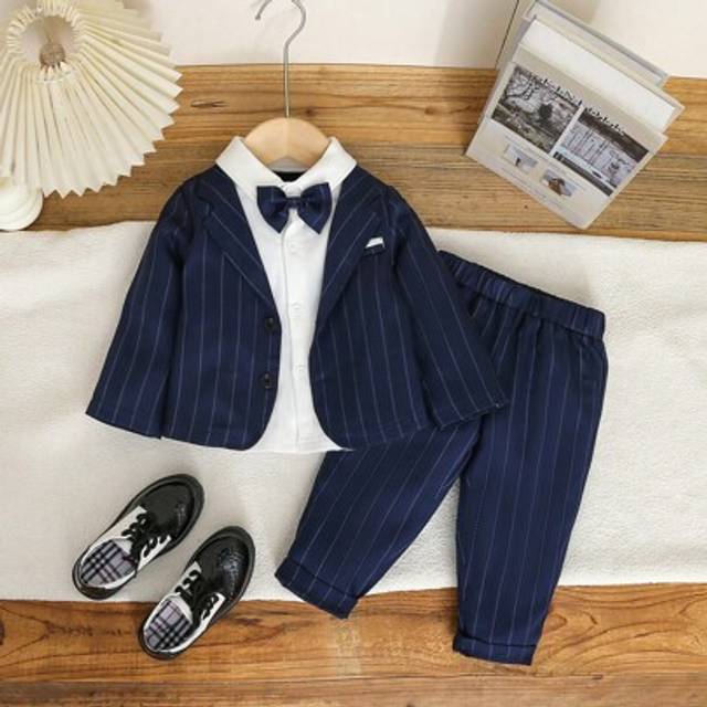 SHEIN 2pcs/Set Baby Boys Formal Elegant Gentleman Suit, 2-In-1 Fake Shirt Long Sleeve Blazer With Bow Tie & Striped Casual Pants, Suitable For Spring Autumn