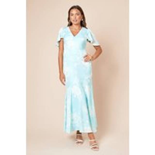 Womens DP Luxe Angel Sleeve V Neck Maxi Dress - Blue - 10