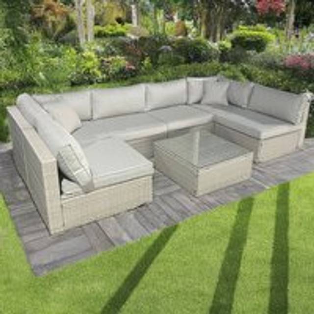 (No) Rattan U Shaped Grey Sofa + Glass Coffee Table